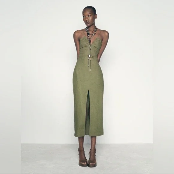 Zara Olive Green Linen Dress Strappy - Picture 3 of 10